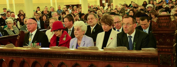 Distinguished guests in the first two rows Front Row: HE General The Hon David Hurley AC DSC (Ret’d), Mrs Linda Hurley, Mrs Sari Browne OAM, Mrs Margret Abbott, Prime Minister The Hon Tony Abbott MP Second Row:Mrs Ronaldson, Senator the Hon Michael Ronaldson, The Hon Mr Justice Stephen Rothman AM, President of The Great Synagogue, The Hon Malcolm Turnbull MP, Mr Jeremy Spinak, President of NSW Jewish Board of Deputies (Photo taken by Henry Benjamin for CoAJP) 