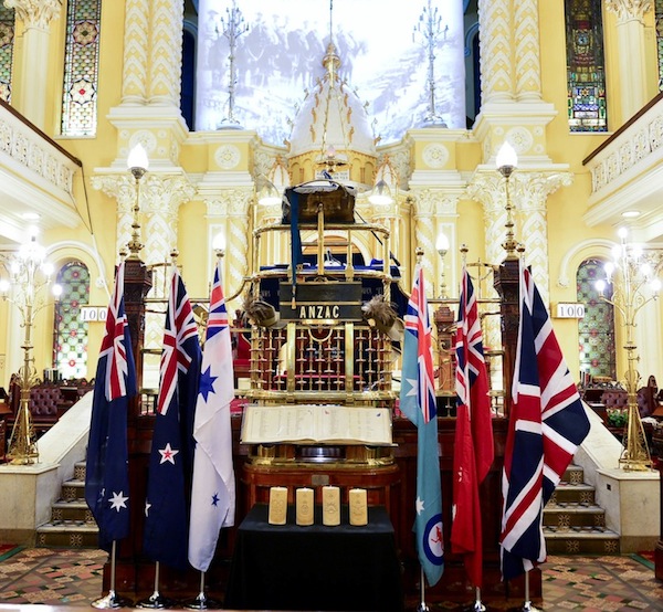 The Great Synagogue Bimah, Roll of Honour Book, Memorial Candles and Flags (Photo taken by Henry Benjamin on behalf of CoAJP)